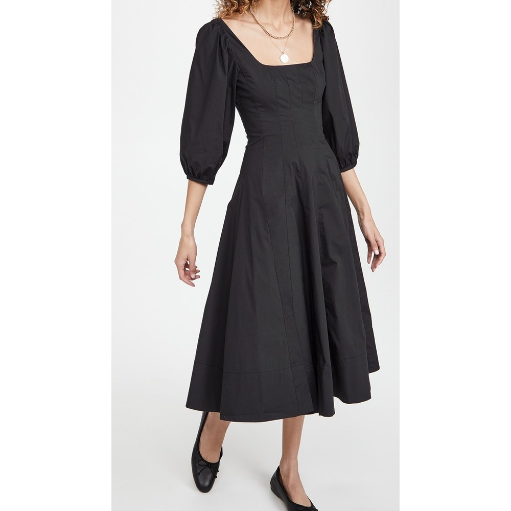 STAUD Swells Dress Black Puff Sleeve Square Neck Cotton Poplin Midi Size 14